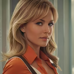 a woman with blonde hair and big breast standing by a window