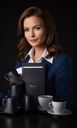 a woman sitting at a table with cups and a book