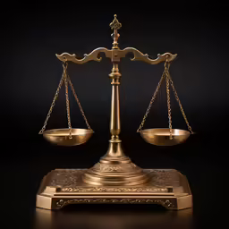 a gold balance scale with two weighing plates on the front