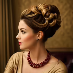 a woman with a necklace wearing a golden dress