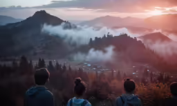 three people watching the sunrise with a mountain in the background