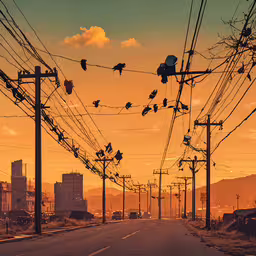 some birds are sitting on telephone wires and looking at the sun,an empty street with birds on telephone wires at sunset