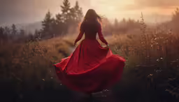 a beautiful woman in a long red dress running away