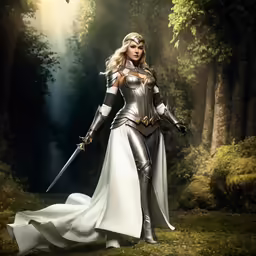 woman in armor holding a sword and standing in the woods
