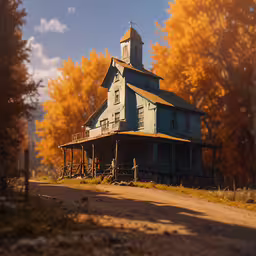 a white house with a tall tower on top,a painting of a country house with a fall colored tree background