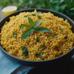 a bowl full of yellow rice with some leaves