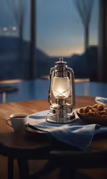 an old silver lamp on a table near some cookies