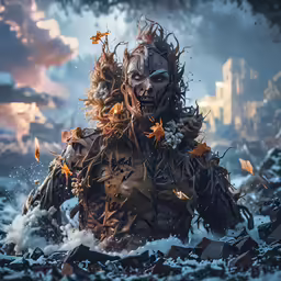 the predator artwork has a human face surrounded by leaves and rocks
