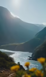 beautiful view in mountains and the sun shining