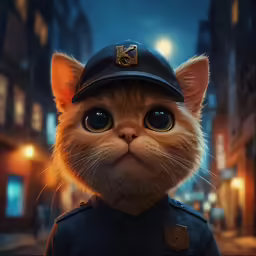 a cat in uniform looks into the camera