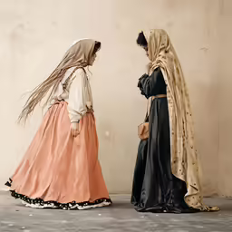 two women dressed in historical clothing one looking down at the ground