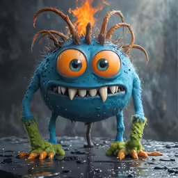 a blue and yellow monster doll with its eyes shut