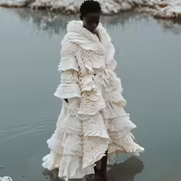 a woman stands in shallow water near a large puddle