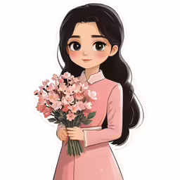the cartoon girl is holding pink flowers