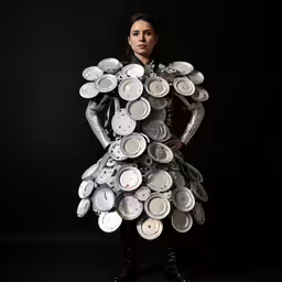 a woman dressed in costume made of cups and plates