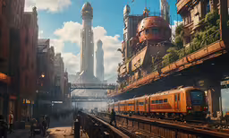 a city street filled with lots of tall buildings and a train driving through it,a photo taken of a train and people near buildings