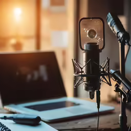 an up close view of a microphone and laptop