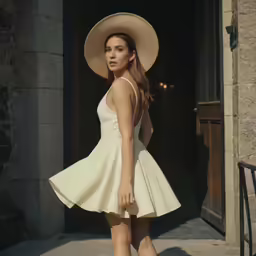 a woman in a white dress and a hat is posing