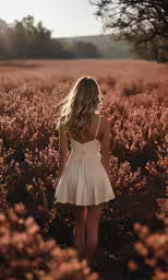 a woman in white dress walking on field