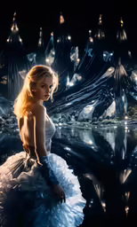 a woman in white dress sitting down next to water