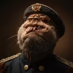 a close up shot of a man wearing a military hat and beard