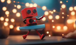 an orange robot holding a blue and white skateboard