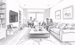 a drawing of three people eating in the living room