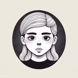 a girl with long hair and big eyes in a circle