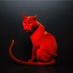 red cat sitting on a black surface with a dark background