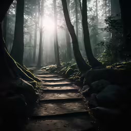 an image of a path through the forest with the sun in the distance