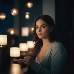 a woman sitting at a table in a dimly lit room