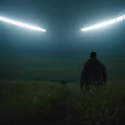 man walking toward stadium lights looking into field