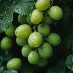 berries with water droplets on them hanging from a tree