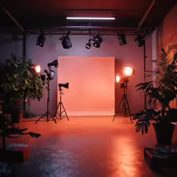 a photo studio in a commercial setting with several light bulbs
