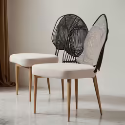 three circular tables, each with chairs made out of yarn
