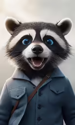 a raccoon dressed like an officer wearing a blue coat and a belt