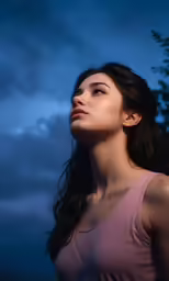 a woman standing on a stormy night with her eyes closed
