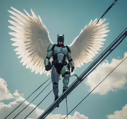 an angel is on top of a wire with white wings