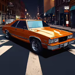 an orange car is driving down the street,a large orange car on the side of a city street