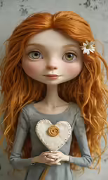 a doll holding a heart shaped object with an orange hair