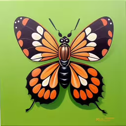 a picture of a painted monarch butterfly sitting on top of a green frame,a picture of a beautiful orange and black butterfly