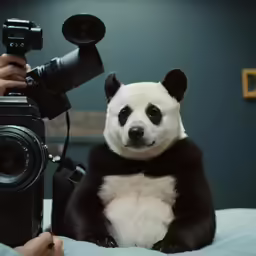 a panda bear sitting on a bed next to a camera