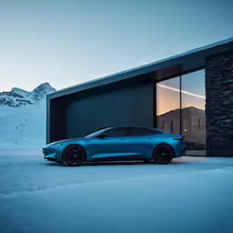 a car parked in front of a building in the snow
