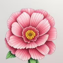 a drawing of a flower that is very nice,a drawing of pink flower with green leaves