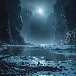 a frozen river next to some dark woods