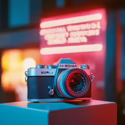 the front of a camera, shown against a neon sign