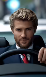 a man in a suit drives through a busy intersection