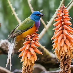 a blue, green and yellow bird perches on some flowers