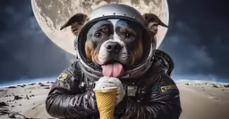 dog wearing space suit with ice cream cone in his mouth