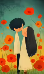 two people kiss and stand in the field of flowers